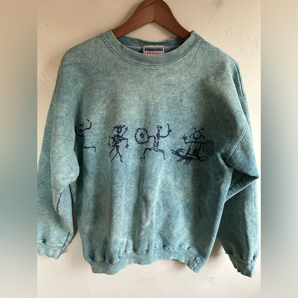 Hanes Teal Blue Graphic Sweatshirt with Dark Navy Tribal Figures